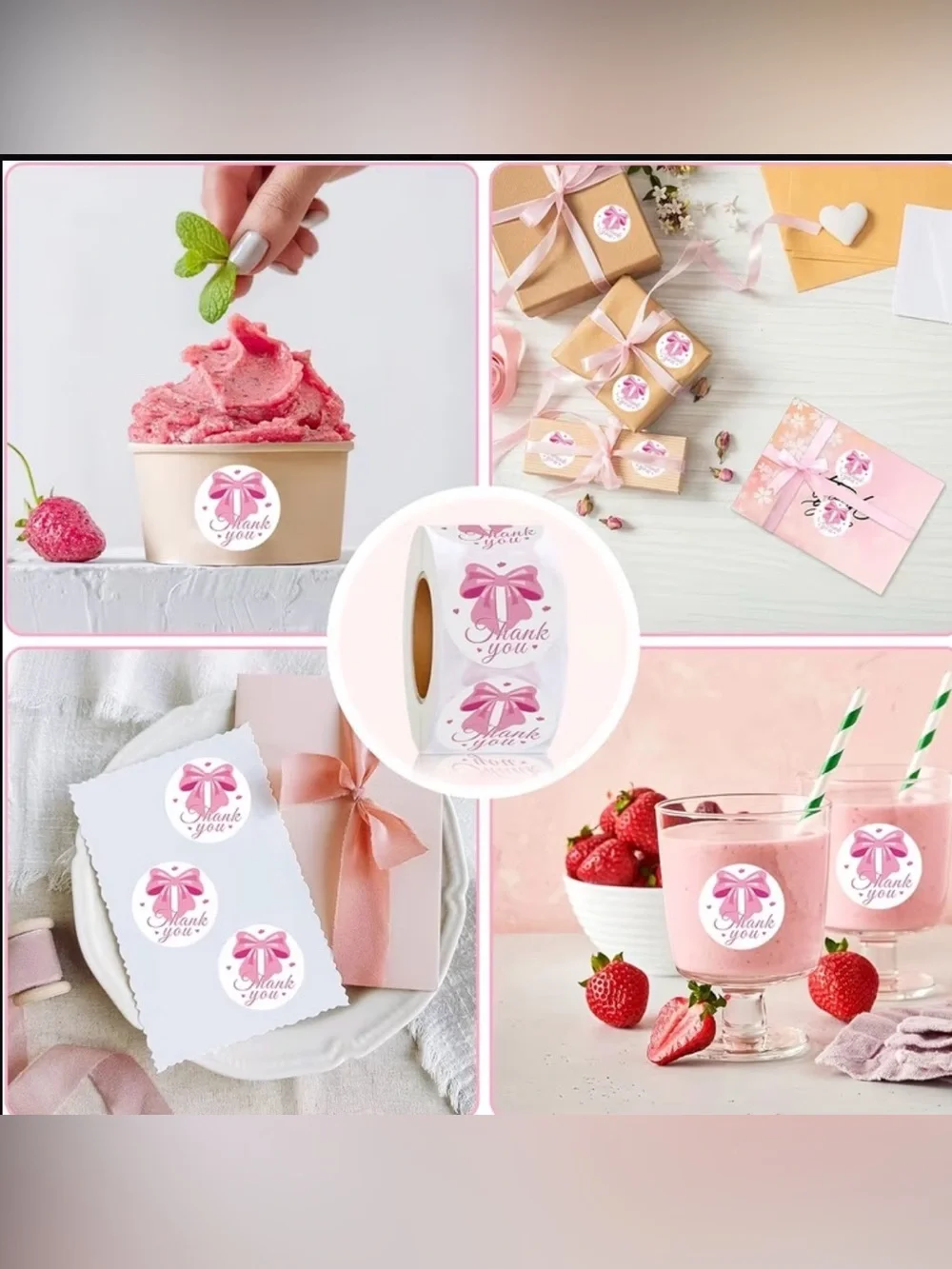 Thank You Pink Bow Sticker Roll - 500 pcs